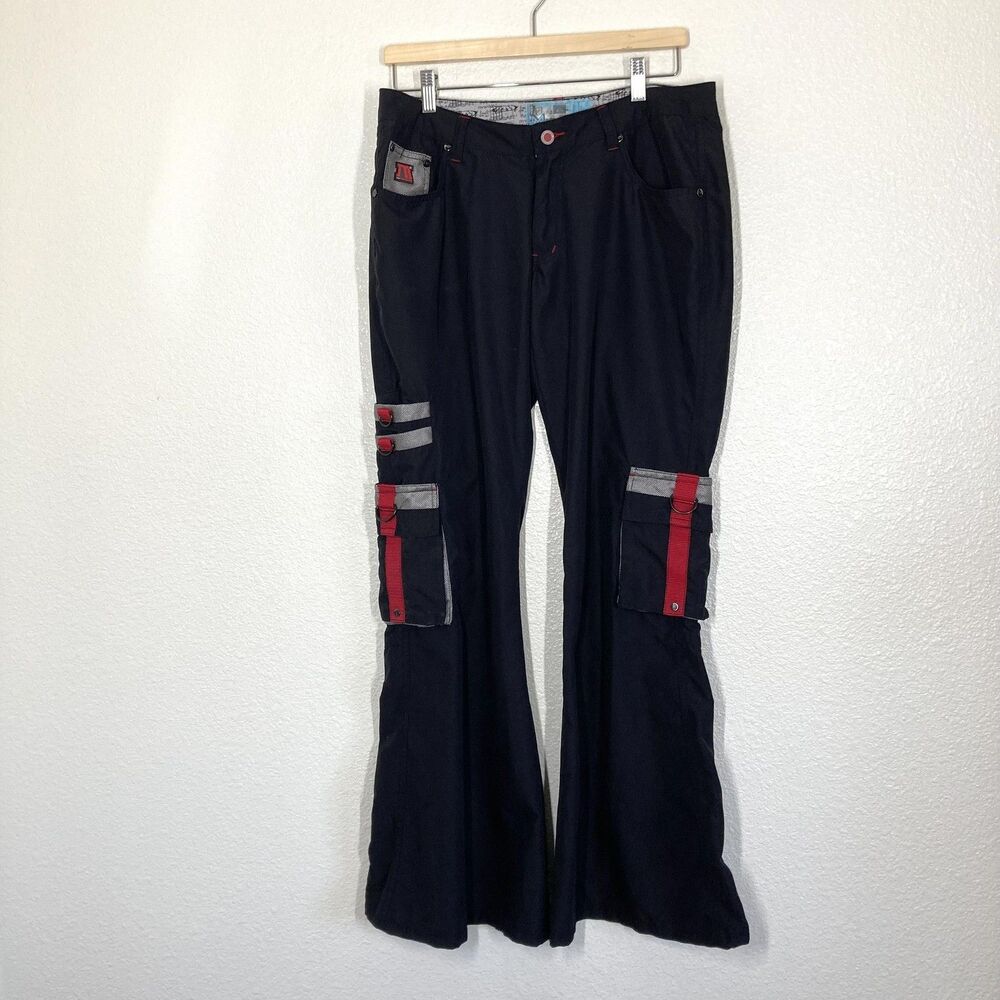 Macgirl Cargo Pants  9 Black Flare Strap Pocket Y2K Rave Goth Streetwear